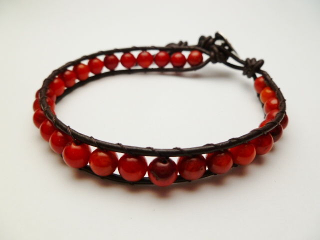 6mm Coral Beads with Dark Brown Leather Bracelet